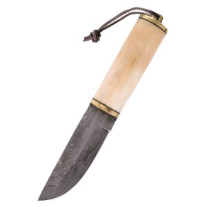 Damascus knife with bone handle and leather sheath
