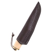 Damascus knife with bone handle and leather sheath