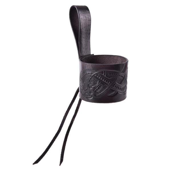 Leather horn holder black for drinking horn, embossed dragon, Jelling style, various sizes