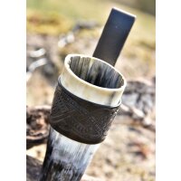 Leather horn holder black for drinking horn, embossed dragon, Jelling style, various sizes