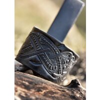 Leather horn holder black for drinking horn, embossed dragon, Jelling style, various sizes