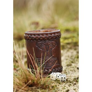 Dice cup brown, made of leather with embossed Thors hammer