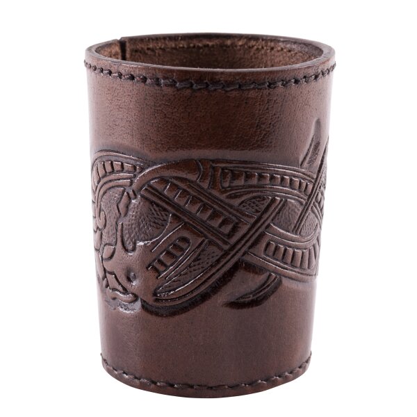 Leather dice cup brown, embossed dragon motif, Jelling style