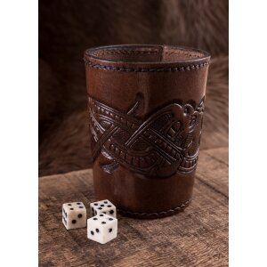 Leather dice cup brown, embossed dragon motif, Jelling style