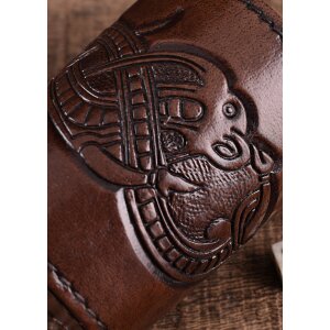 Leather dice cup brown, embossed dragon motif, Jelling style