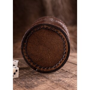 Leather dice cup brown, embossed dragon motif, Jelling style