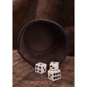 Leather dice cup brown, embossed dragon motif, Jelling style