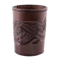 Leather dice cup brown, embossed dragon motif, Jelling style