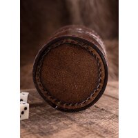 Leather dice cup brown, embossed dragon motif, Jelling style