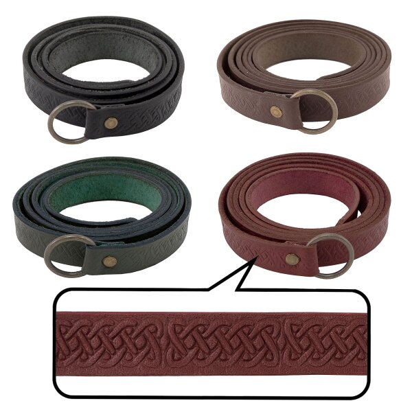 Leather long belt with Celtic knot pattern with iron ring, 160 cm, various colors