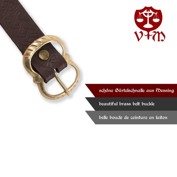 Medieval leather belt with knot pattern and brass buckle, 190 cm, various colors
