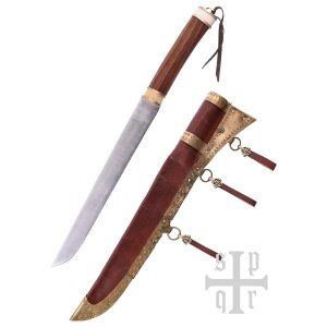 Viking sax made of carbon steel with wooden/bone handle, incl. leather sheath