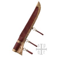 Viking sax made of Damascus steel with wooden/bone handle, incl. leather sheath