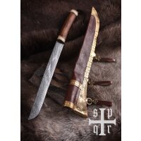 Viking sax made of Damascus steel with wooden/bone handle, incl. leather sheath
