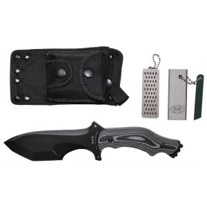 Outdoor knife with sharpening stone and fire starter,...