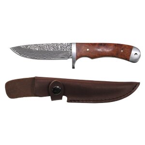 Damascus knife with red quince wood inlay with leather...
