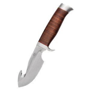 Waterbuck knife with gut hook blade and leather slat handle