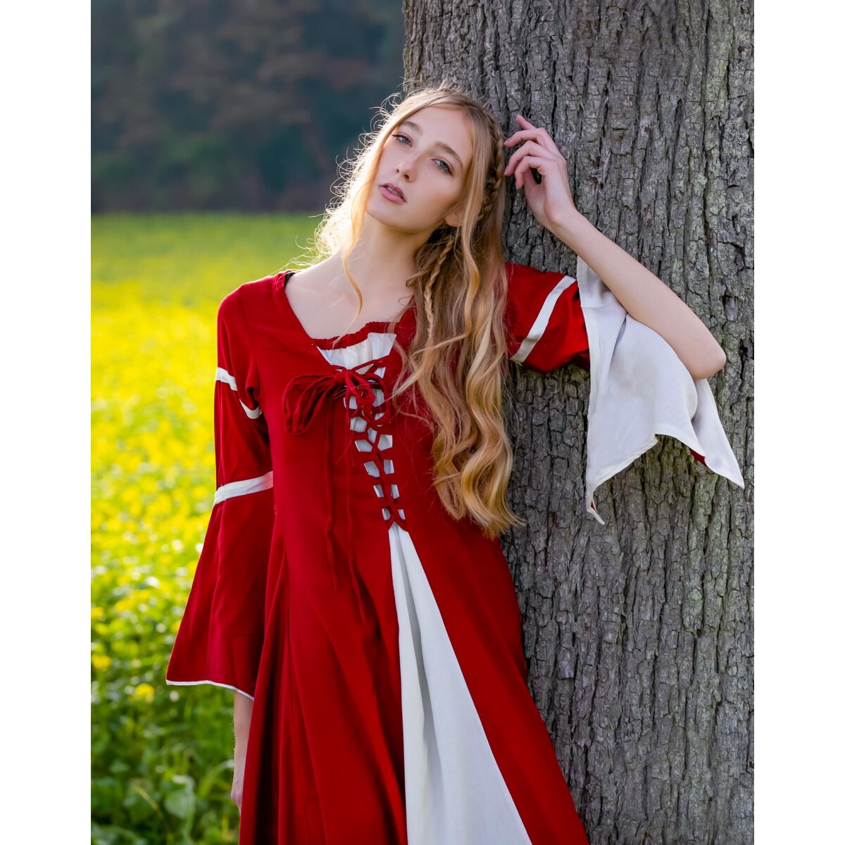 Dress with trumpet sleeves Red/Natural "Larissa"