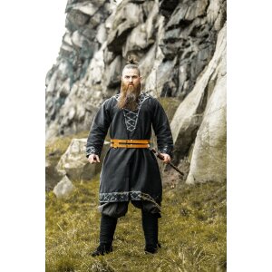 Viking tunic with genuine leather applications - black