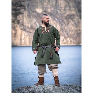 Viking tunic with Urnes-style hand embroidery green...