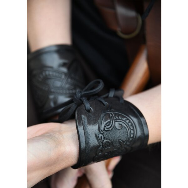 Leather bracers with embossed dragon motive, Jelling style, black