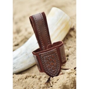 Leather horn holder for drinking horn with embossing and suede, brown