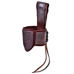 Leather horn holder for drinking horn with embossing and suede, brown