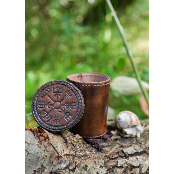 Leather dice cup with lid, Vegvisir embossing, brown