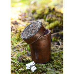 Leather dice cup with lid, Vegvisir embossing, brown