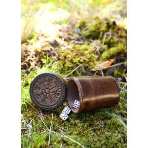 Leather dice cup with lid, Vegvisir embossing, brown