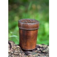 Leather dice cup with lid, Vegvisir embossing, brown