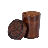 Leather dice cup with lid, Vegvisir embossing, brown