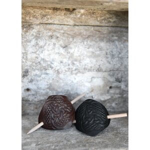 Small leather hair clip with knot pattern & wooden pin