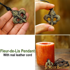 Fleur-de-Lis Pendant With Adjustable Leather Cord Antiqued Brass Accessory