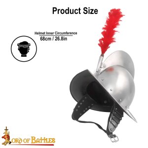 Spanish Morion Helmet with Red Feathers Plume and Leather Liner 16 gauge