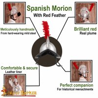 Spanish Morion Helmet with Red Feathers Plume and Leather Liner 16 gauge