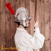 Spanish Morion Helmet with Red Feathers Plume and Leather Liner 16 gauge