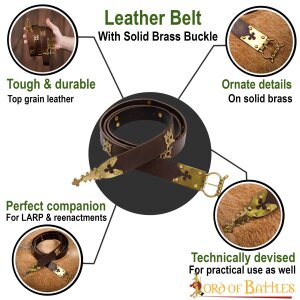 Gothic Knight Leather Belt with Ornate Pure Brass Details Black