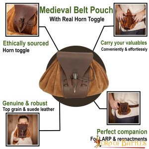 Medieval Leather Belt Pouch with Real Horn Toggle