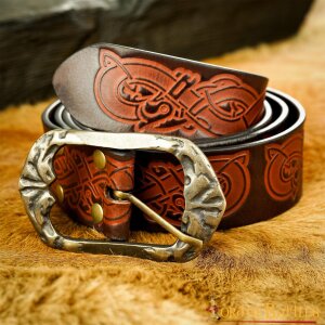 Viking Handcrafted Leather Embossed Belt with Antique Brass Buckle