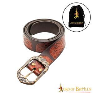 Viking Handcrafted Leather Embossed Belt with Antique Brass Buckle