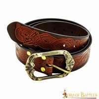 Viking Handcrafted Leather Embossed Belt with Antique Brass Buckle