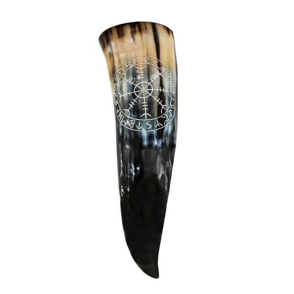 Genuine Drinking Horn with Hand-Carved Aegishjalmur / Helm of Awe Motif