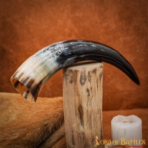 Genuine Drinking Horn with Hand-Carved Aegishjalmur /...