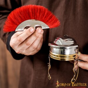 Decorative Roman Centurion Mini Helmet with Red Plume and Wooden Stand