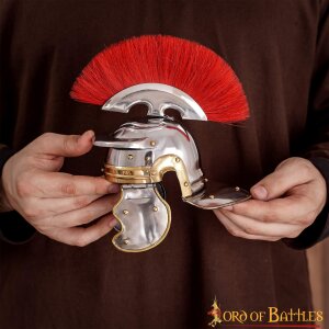 Decorative Roman Centurion Mini Helmet with Red Plume and Wooden Stand