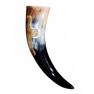 Engraved Cross Drinking Horn with Charred Specks...