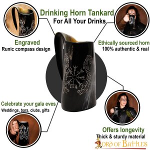 Medieval Viking Horn Vegvisir Tankard Beer Mug Handcrafted Genuine Ox Horn