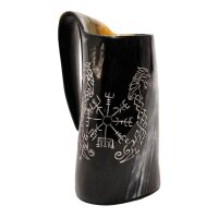 Medieval Viking Horn Vegvisir Tankard Beer Mug Handcrafted Genuine Ox Horn