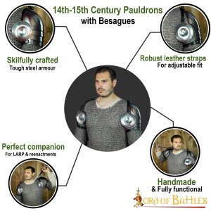 14th Century Pauldrons Fully Functional Steel Shoulder Armor with Besagues 16 gauge